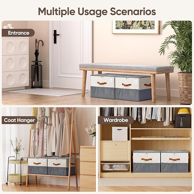 MSTONAL Shoe Organizer for Closet, 1 Pack Shoe Storage Container with Adjustable Dividers, Space Saving Shoe Box Storage Organizer Bin with Clear Lid and 4 Handles, Fits 8-16 Pairs, Beige & Grey