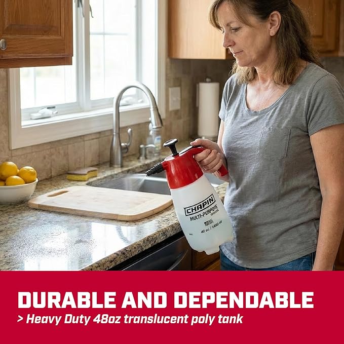 Chapin 1002 Handheld Pump Sprayer, 48oz, Multi‑Purpose, Lawn & Garden, Translucent Poly Tank, Wide‑Mouth Opening, Adjustable Cone Nozzle & Anti‑Clog Filter for Weed, Fertilizer & Pest Applications