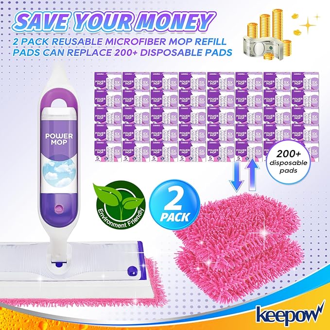 KEEPOW Reusable Mop Pads Compatible with Swiffer PowerMop, Wood Floor Pads Microfiber Mop Replacement Refills Machine Washable for All Floor Surfaces 2 Pack