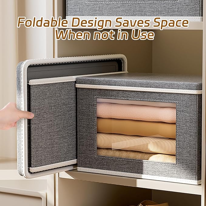 4-Pack Storage Bins with Lids, Fabric Collapsible Closet Storage Bins with Clear Window Large Storage Boxes with Handles Closet Organizers for Shelves, Wardrobe, Grey, 15"×9.8"×9.8"
