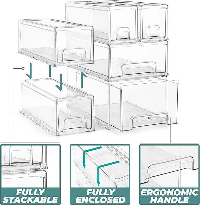 Sorbus Medium Clear Stackable Storage Drawers – 6-Pack Plastic Organizer Bins with Handles – Stackable Pull-Out Storage Drawers for Closet, Pantry, Office, Bathroom, Craft, and Toy Organization