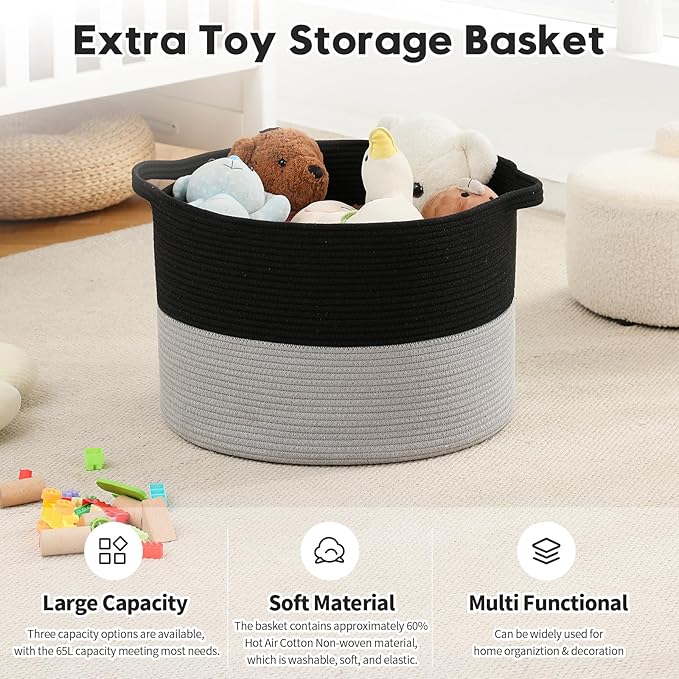 Foldable Laundry Hamper Basket with Collapsible Handle Cotton Rope Soft Woven Fabric Storage Organizer Clothes Toys Nursery Bedroom Dorm Space Saving Bin (Black & Grey, 65L(19.7"D x 12.6"H))