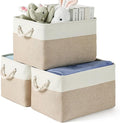 Storage Bins 3 Pack, Fabric Storage Basket for Collapsible Medium Canvas Storage Baskets for Organizing Shelf Nursery Home Closet with Cotton Rope Handle 15(L) x 11(W) x 9.5(H) inch(White&Khaki-3PCS)