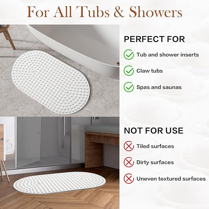 Joiyota Silicone Bath Mat for Tub Non Slip, Bubble Massage Anti Slip Shower Mat with 27 x 15 Inches for Easy Storage, Washable Bathtub Floor Mats for All Ages, White, Oval