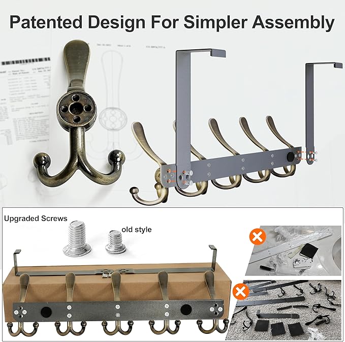 Dseap Over Door Hook 2.0 - Upgraded Version - Simple-Assembly, Strong, Heavy-Duty Stainless Steel 5-Tri-Hook Over The Door Hanger Rack, SimpleStrong Series, Bronze, Pack of 2