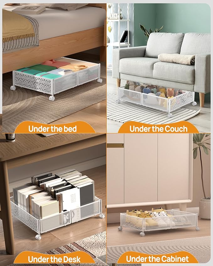 Under Bed Storage With Wheels - 60L Foldable Pattern Carved Metal Container, Rolling Underbed for Shoes, Clothes, Blankets - Easy Assembly