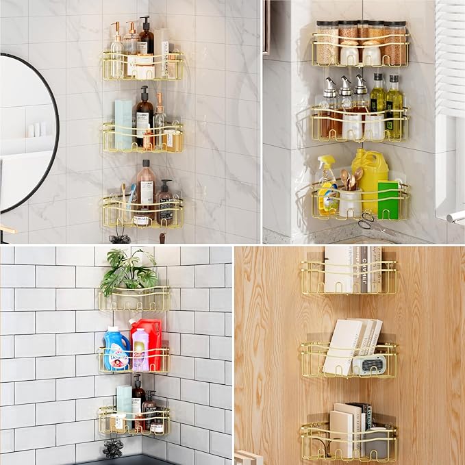 Gold corner shower caddies with depth caddy and Built in 12 hooks rustproof wall mounted No drilling No marring adhesive bathtub corner organizer for bathroom kitchen and laudry room