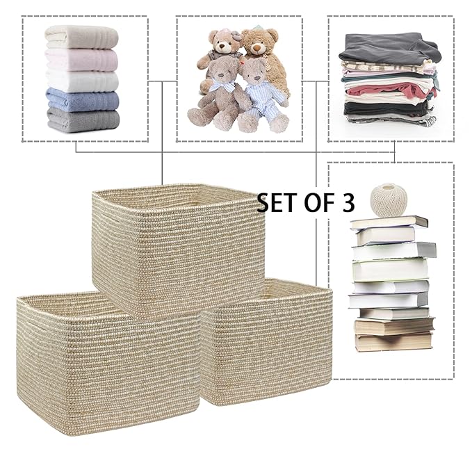 COMFY-HOMI 3Pack Small Woven Cotton Rope Basket for Organizing, Gift Baskets for Handles, Empty Gift Baskets, Medium Rope Basket|13.5" x 11" x 9.5" home decor for Living Room, Bathroom