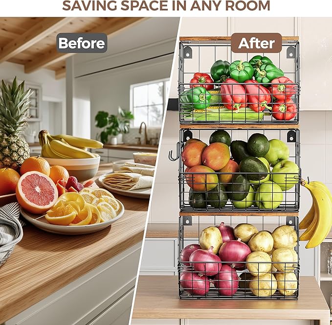 Delamu Stackable Metal Fruit Basket with Wood Lid 3 Pack, Hanging Wall Organizer for Kitchen Counter, Pantry Storage for Onions, Potatoes, Garli, Fruits, Spices, Black