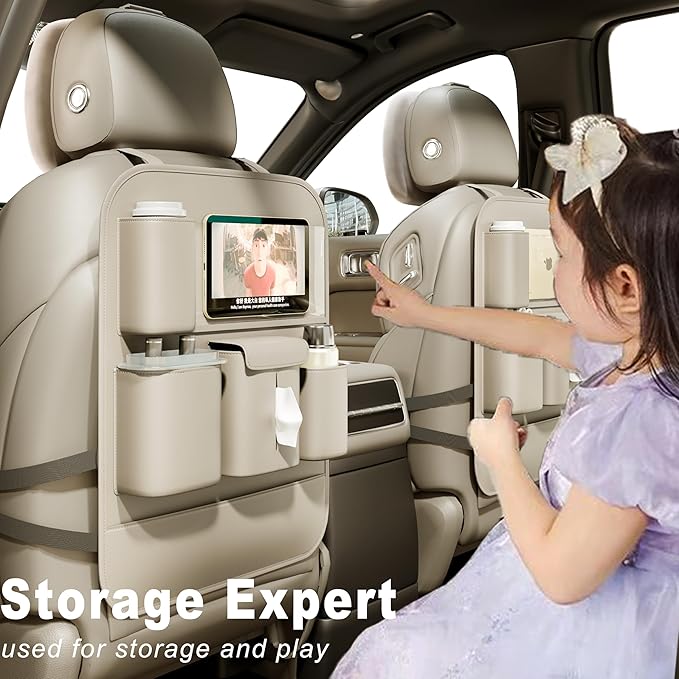 GMQ Backseat Car Organizer with Touch Screen,Protectors Kick Mats Travel Accessories for Kids,Multifunctional Seat Back Organizer Car Travel Organizer Accessories (Beige, 1PC)
