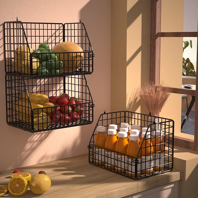 Larger & Deeper Hanging Storage Basket, Closet Organizers and Storage, Hanging Shelves Wire Baskets for Clothing Sweaters Purse Handbags Shoes Black 3 Tier