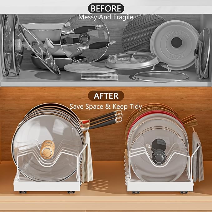 Pull-Out Pots and Pans Organizer, 2 Pack Under Cabinet Pot Lid Holder, Slide Lid Organizers Inside Cabinet, Pot Lid Organizer with 8 Adjustable Dividers & Handle Bracket - White