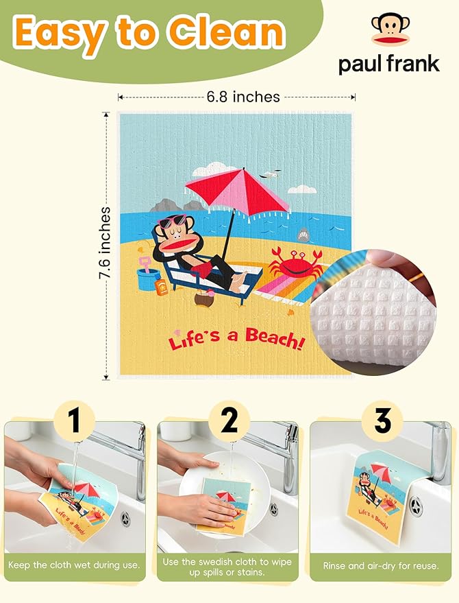 Paul Frank Swedish Dishcloths for Kitchen, 6 Pack Funny Swedish Dish Cloths Reusable Paper Towels, Super Absorbent Dish Cloths Washable Non-Scratch for Home Kitchen, Cellulose Sponge Cloths No Odor
