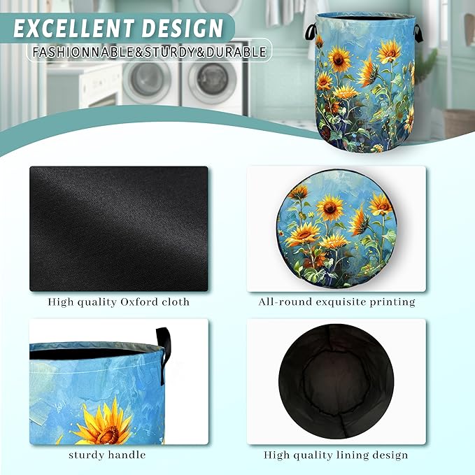 Watercolor Sunflower Laundry Basket Flowers Funny Laundry Hamper Foldable Oxford Cloth Floral Colorful Tote Bag Clothe Toy Storage Bucket 18.9" x 16.5" For Bathroom/Laundry Storage/Bedroom