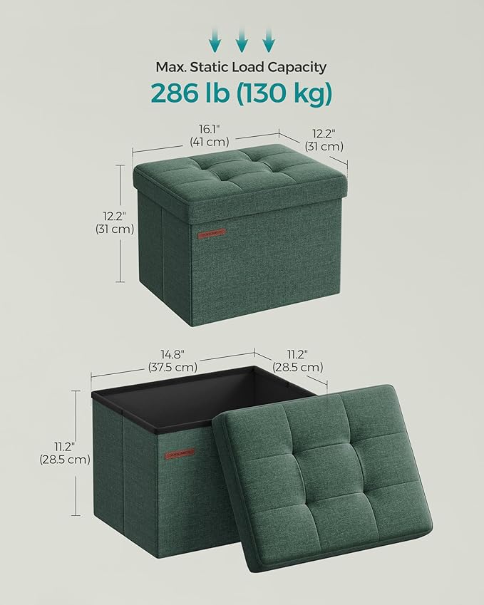 SONGMICS Mazie Collection - Small Folding Storage Ottoman, Foot Rest Stool, 12.2 x 16.1 x 12.2 Inches, 286 lb Load Capacity, for Living Room, Bedroom, Home Office, Dorm, Retro Green ULSF102C01
