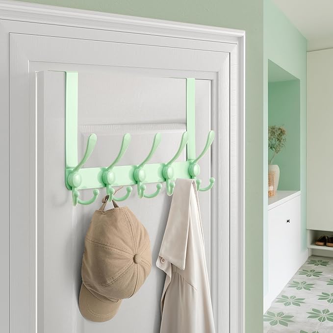 Dseap Over Door Hook 2.0 - Upgraded Version - Simple-Assembly, Strong, Heavy-Duty Stainless Steel 5-Tri-Hook Over The Door Hanger Rack, SimpleStrong Series, Green, Pack of 2