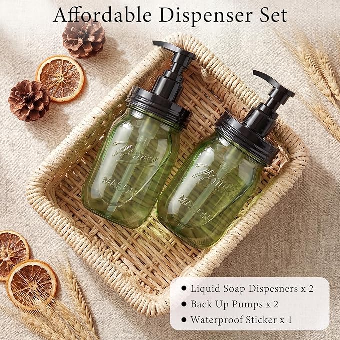 Amolliar Plastic Mason Jar Soap Dispenser with Pump Lid,16OZ Refillable Hand Soap Dispenser Set with Cute Lables - Farmhouse Decor for Kitchen Bathroom, Liquid Soap, Dish Soap, Lotion (2 Pack, Green)