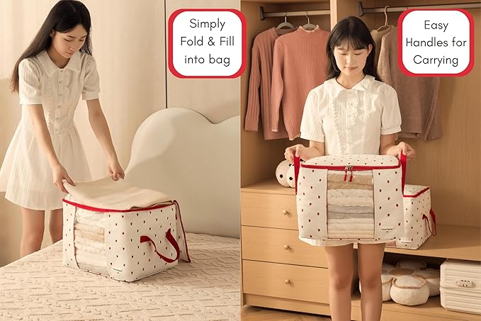 Chaos Cleared Canvas Storage Bags Designer Organizer 2 Pack – Seasonal Storage for Sweaters, Blankets, Linens & Garments – Foldable Design with Zip & Window, Moth-Proof Space Saver, Strawberry Print