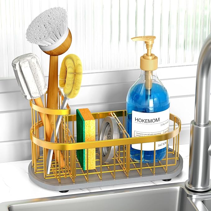 LARGE Kitchen Sink Caddy Organizer,[FLEXIBLE PLACEMENT & FAST-DRYING] Sponge Holder for Kitchen Sink Countertop with High Brush Holder-Rustproof 304 Stainless Steel-9.84"L x 4.72"W x 5.83"H