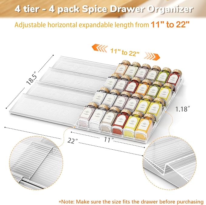 2-Tier Spice Drawer Organizer 4 Pack, Expandable from 11" to 22" Clear Acrylic Spice Rack for Drawer, Seasoning Organizer Holds Up to 48 Jars for Kitchen Spice Organization(Jars Not Included)