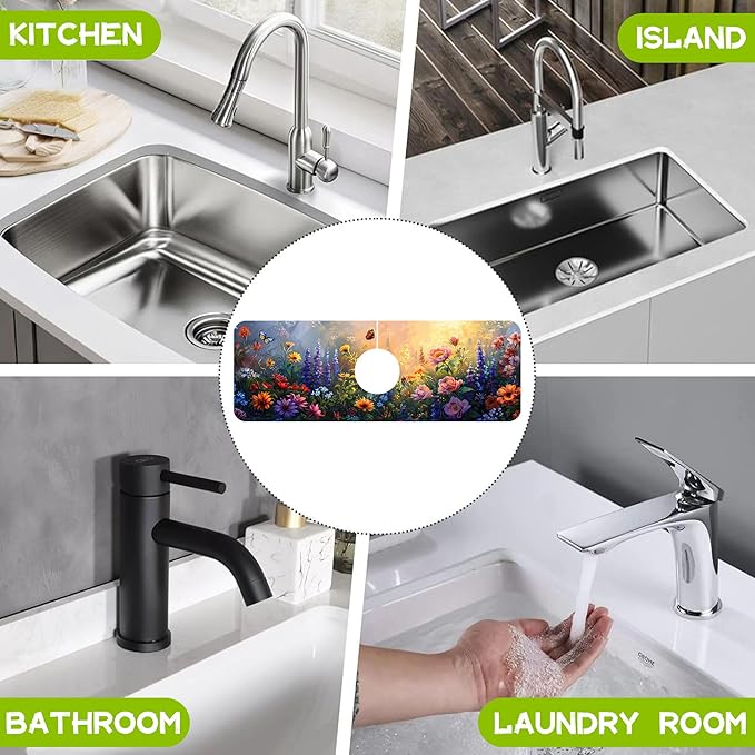 Kitchen Sink Splash Flowers Bees in the Garden Guard Faucet Mat Super Absorbent Fast Drying Mat Guard Behind Faucet Drip Catcher for Kitchen Bathroom, 15.5"X5.5"