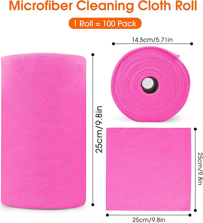 CHAUNCEY HOME Microfiber Cleaning Cloth Roll - 100 Pack Tear Away Microfiber Paper Towels, Reusable, Washable, Scratch-Free, Kitchen Towels for Car, Home, Kitchen, Glass, Dishes (Hot Pink)