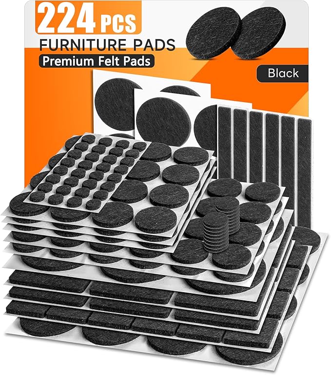 Felt Furniture Pads 224 PCS, 10 Sizes, Felt Pads for Chair Legs, Suitable for Round and Square Chair Legs, to Prevent Scratches, Reduce Noise and Protect The Floor (Black)