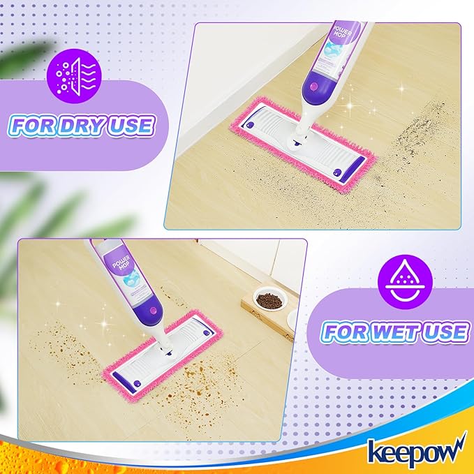 KEEPOW Reusable Microfiber Mop Pads for Swiffer PowerMop, 4 Count, Pink, Machine Washable, Compatible with 13-15 Inch Spray Mop, Multi-Surface Floor Cleaning