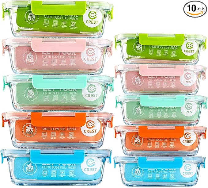C CREST [10-Pack Glass Food Storage Containers (A Set of Five Colors), Meal Prep Containers with Lids for Kitchen, Home Use - Airtight Glass Lunch Boxes