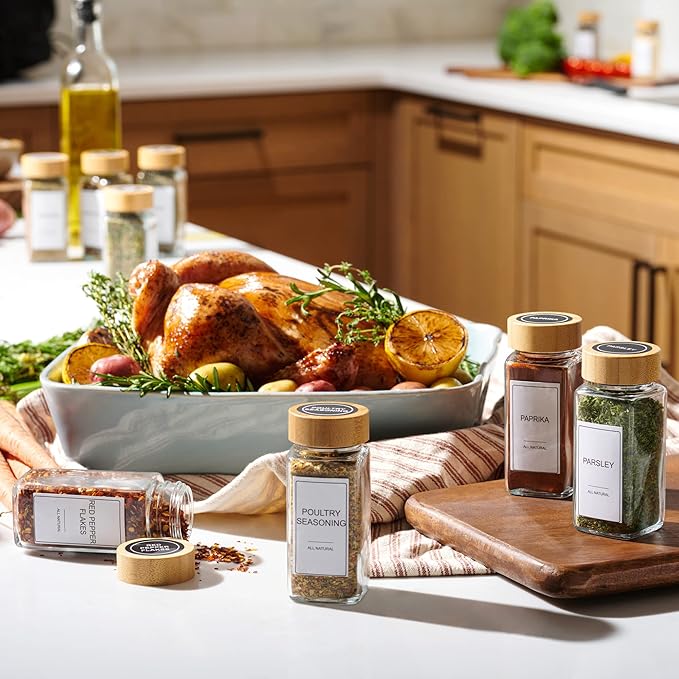 Glass Spice Jars with Label Set, Bamboo Lids & Funnel - Kitchen Airtight Storage Jars with Lids - Spices and Seasonings Sets Organizer, Spice Glass Jar with Lid Food Canister Bottle Sugar Shaker