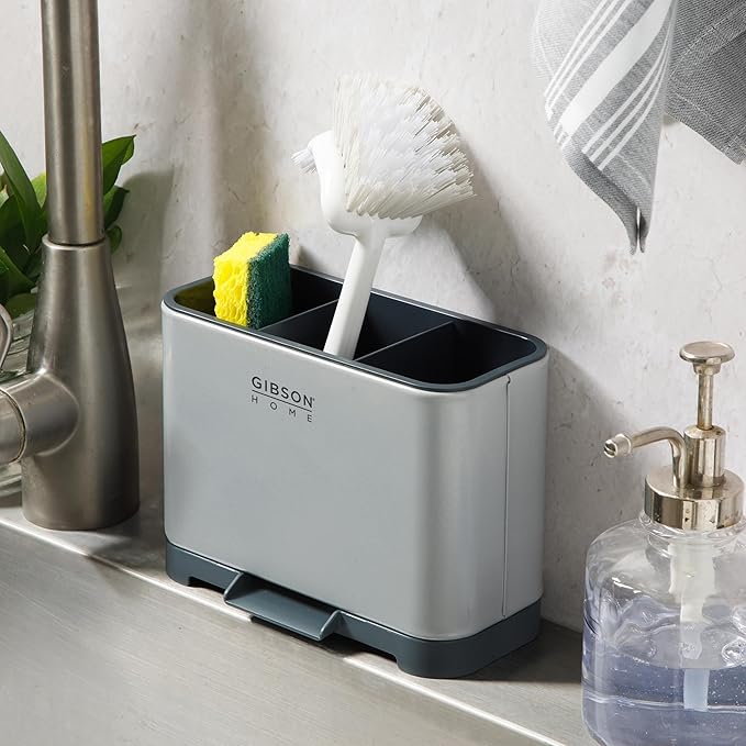 Gibson Home Ledgebrook Sink Caddy With Metal Panel, Sponge Holder for Kitchen Sink, Countertop Organizer and Storage Essentials With Drain Board