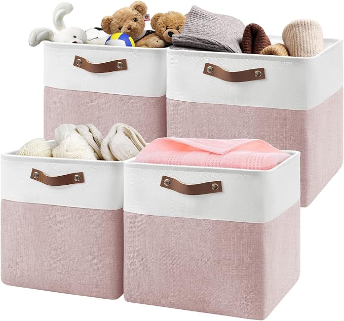13 Inch Cube Storage Bins,Set of 4, Foldable Storage Basket with PU Handles for Organizing Home, Closet, Laundry, Office, Organizers for Shelves(White/Pink)