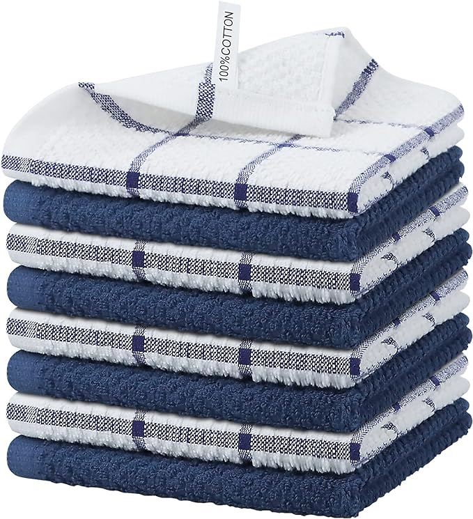 Nialnant 8 Pack Dish Rags,100% Cotton Dish Towels for Kitchen,Super Absorbent Kitchen Dish Cloths,Dish Rags with Hanging Loop,12x12 Inches,Navy Blue