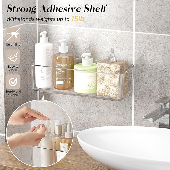 PAVSTINE 2 Pcs Clear Shower Shelf, Large Bathroom Wall Mounted Shower Caddy, No Drill Self Adhesive Bathroom Organizer with Self Adhesive Tape