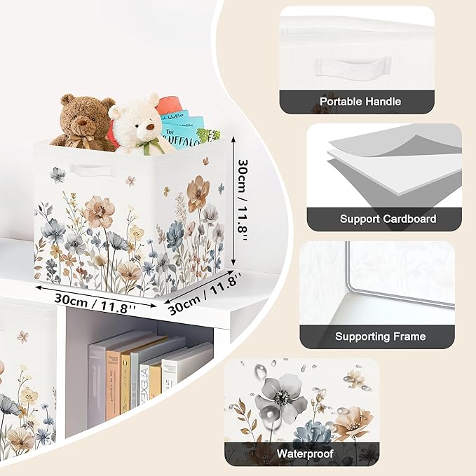 Clastyle Flowers Storage Cube Organizer Set Handle Closet Clothes Cube with Metal Frame Foldable Parents Organizer Storage Basket for Book Toy,Boho Brown,11.8x11.8x11.8 in