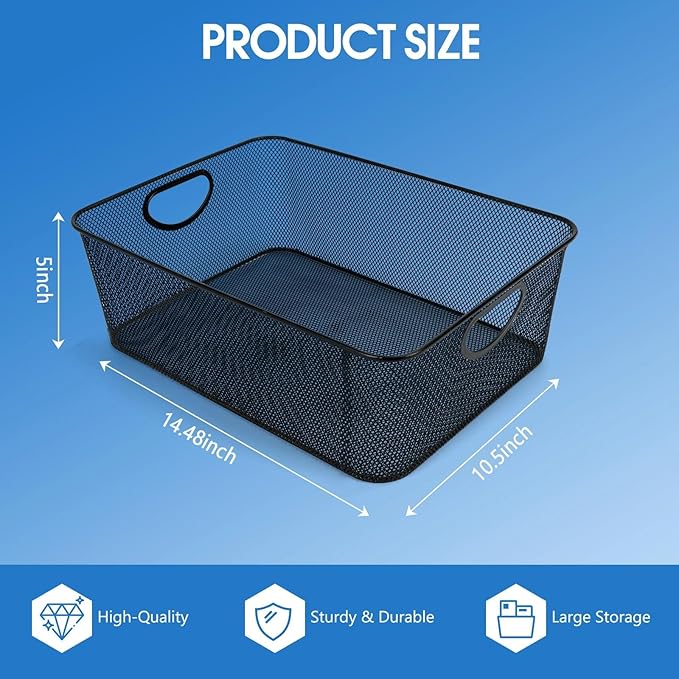 Large Black Wire Baskets, Metal Mesh Steel Basket, File Storage Organizer, Household Sundry Storage, Versatile Baskets with Handle for Home Office Kitchen Pantry Bathroom, 14.5x10.5x5 inches (1 PC)