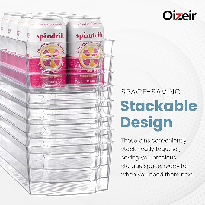Oizeir 8 Pack Clear Plastic Fridge Organizer Bins - Stackable Refrigerator & Pantry Storage Bins with Handles for Snacks, Freezer, Kitchen Cupboard, and Cabinet Organization