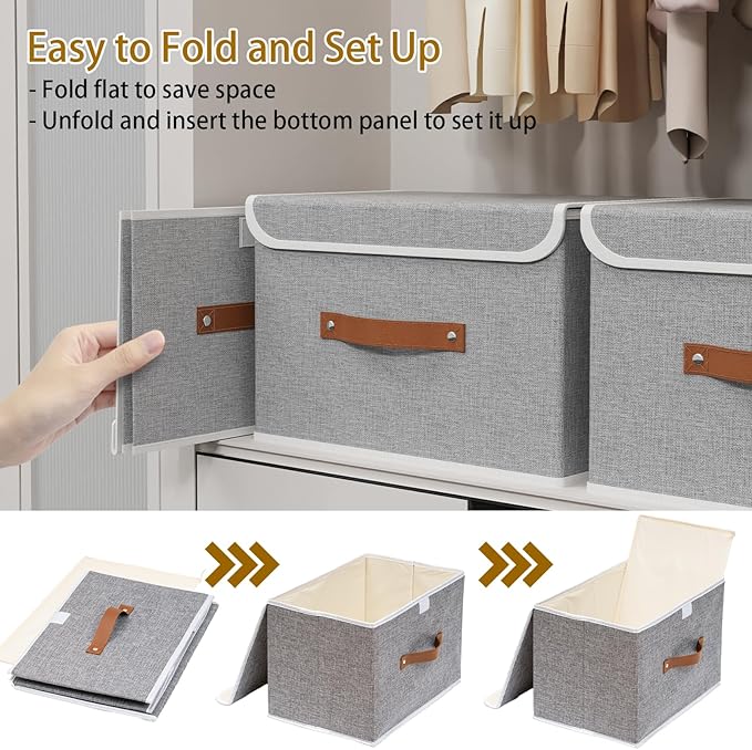 Yawinhe Collapsible Storage Bin, Cube Organizer Basket, Fabric Box with Lids, Washable and Leather Handle, for Home, Closet, Grey, 15.0''Lx9.8''Wx9.8''H, 7-Pack, USNK024GL-7