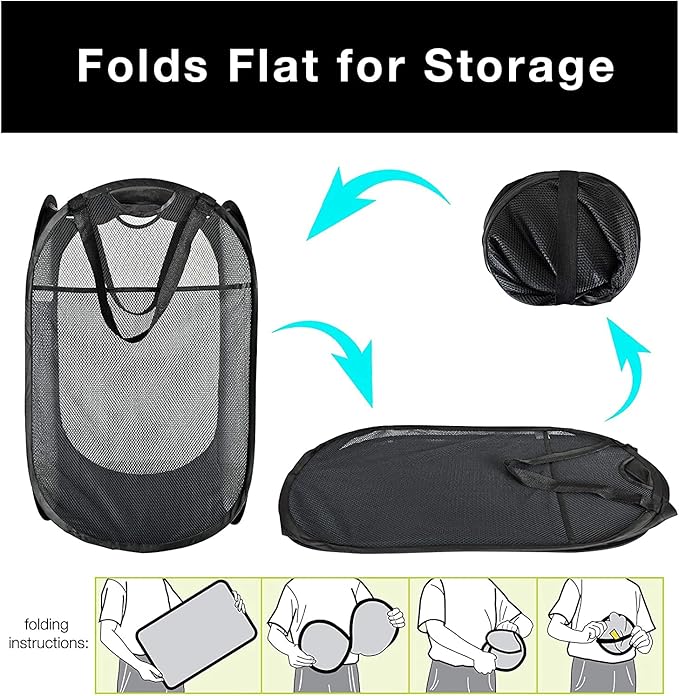 Laundry Basket, Laundry Hamper - Mesh Popup Laundry Hamper. Portable, Durable Handles, Collapsible for Storage, and Easy to Open. Great for The Kids Room, College Dorm, or Travel. (Black)[SHOOTING]
