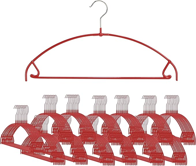 Mawa by Reston Lloyd Euro Ultra Light/Thin Series, Non-Slip Space Saving Clothes Hanger with Bar & Hook for Pants and Skirts, Style 42/PTU, Set of 130, Red