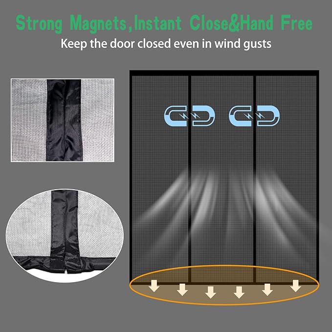 Magnetic Screen Door - Self Sealing Magnets, Reinforced Fiberglass Heavy Duty Mesh Net Closure for Sliding Door, Patio, Bedroom-Hands Free, Pets&Kids Friendly, Fit Doors Size Up to 72 x 80 Inch, Black