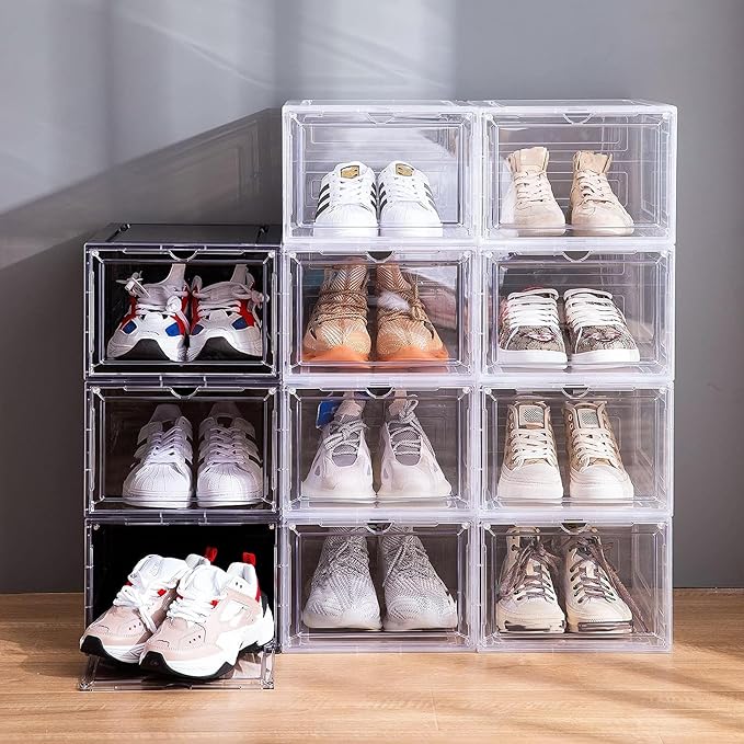 Attelite Shoe Box Organizer,Set of 6,Stackable Plastic Shoe Box with Clear Door, Shoe Storage Box Containers,For Display Sneakers,Easy Assembly,Fit up to US Size 12(13.4”x 10.6”x 7.4”)