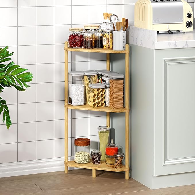 Corner Shelf Stand - 3 Tier Bamboo Small Corner Bookshelf for Office Kitchen Bedroom Plant Stand Living Room Decor Small Space (Natural，3 Tier)