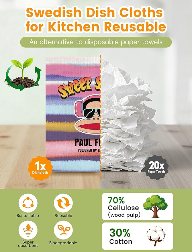 Paul Frank Swedish Dishcloths for Kitchen, 6 Pack Funny Swedish Dish Cloths Reusable Paper Towels, Super Absorbent Dish Cloths Washable Non-Scratch for Home Kitchen, Cellulose Sponge Cloths No Odor
