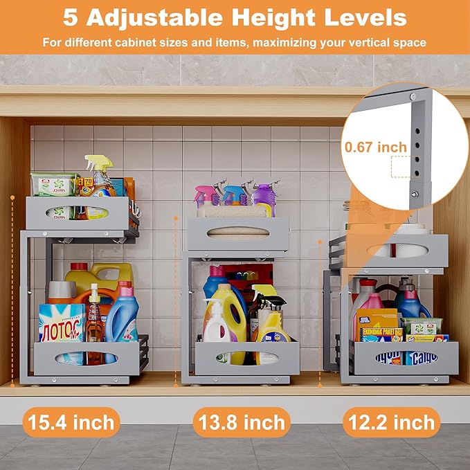 Under Sink Organizer, 2 Tier Under Sink Organizers and Storage, Adjustable Height, Slide out Metal Cabinet Organizers, Pull out Cabinet Storage Drawer Shelf for Kitchen Bathroom (Gray, 1Pack)