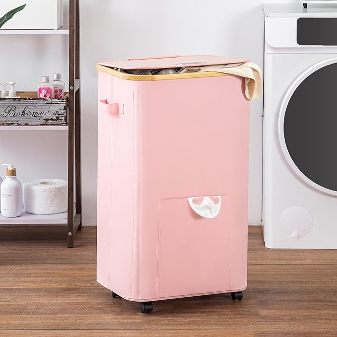 Laundry Basket with Wheels, Tall Dirty Clothes Hamper on Wheels, Rolling Laundry Hamper with lid for Dorm, Bedroom and Bathroom (Pink, 100L)
