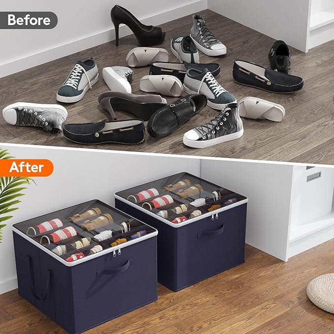 Lifewit Shoe Storage Organizer for Closet, Fabric Large Shoe Box Storage Containers with Clear Cover, Foldable Bins for Boots Heels Sneakers Fits 36-48 Pairs (Each 12-16 Pairs) 3 Pack Blue