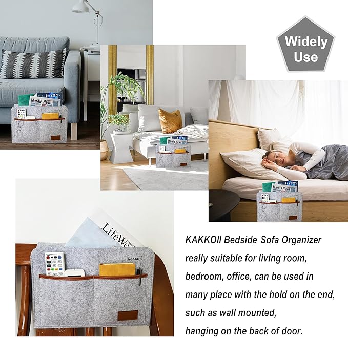 KAKKOII Bedside Caddy, Sofa Caddy, Storage Organizer Pocket for Dorm, Bedroom, 5 Pockets Felt Organizer for Magazine, Remote, Phone, Tablet, Pad, Glasses, Pen, Remote Control (Grey-Short)