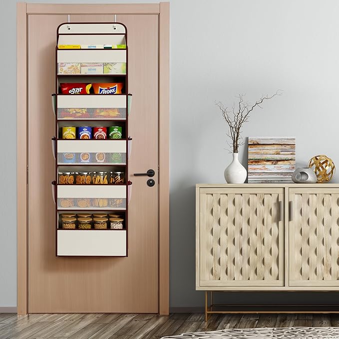 Univivi 1 Pack Over The Door Organizer, Non-Tilting Over The Door Organizer Hanging Door Storage With 5 Large Compartments 6 Side Pockets for Nursery Storage (Beige)