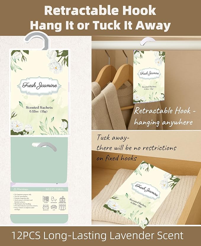 12 Packs Jasmine Hanging Scented Sachets for Drawers and Closets with Retractable Hook| Long-Lasting Closet Air Freshener & Closet Deodorizer | Closet Scent Freshener (Jasmine)